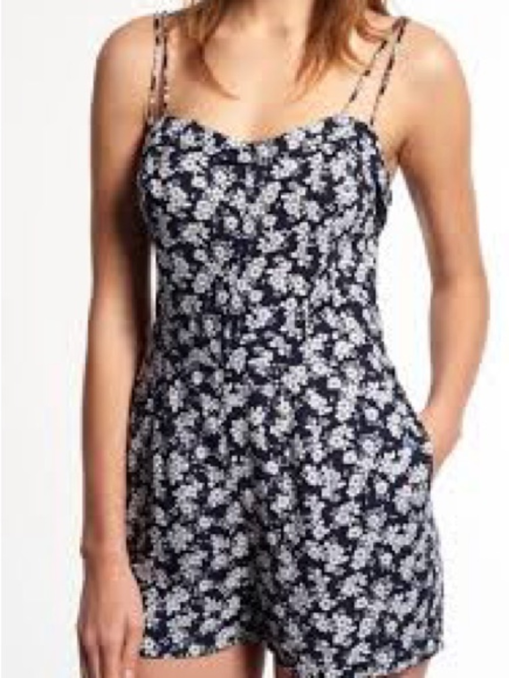 Lily Rose Navy and White Floral Cami Romper With Molded Cups